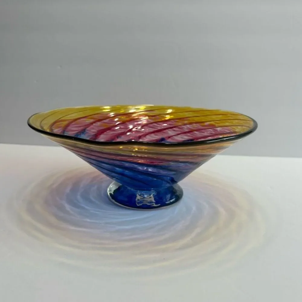 Hand Blown Glass Footed Wide Rim 9” Multicolor Swirl Glass Bowl